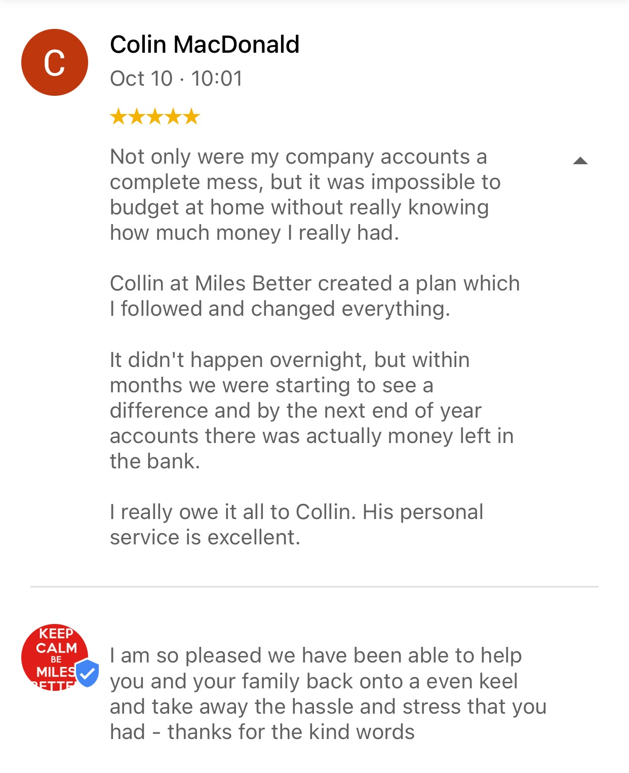 Colin macDonald 5 Star review